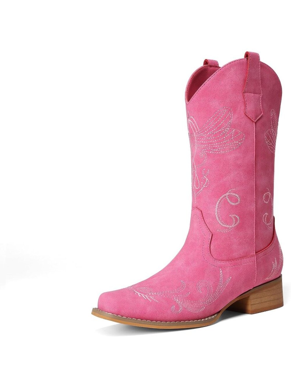 Women’s Hot Pink Mid Calf Cowboy Embroidered Stitched Square Toe Western Boots